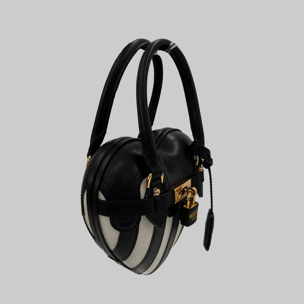 MOSCHINO COUTURE Borsa "Padlock Heart" a forma di cuore in pelle nera con righe bianche