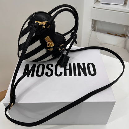 MOSCHINO COUTURE Borsa "Padlock Heart" a forma di cuore in pelle nera con righe bianche