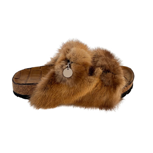 Unisciti all'esclusività con i nostri Bellissimi Sandali Modello Birkenstock, un'opera d'arte realizzata con visone naturale e base con stampa cocco marrone. Ogni paio di questi sandali rappresenta un'affermazione di stile e di lusso unico, con un design a due fasce che esalta l'eleganza naturale dei tuoi piedi.
