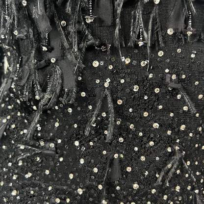 N.N. Casacca in maglia di seta nera con cristalli piume e paillettes