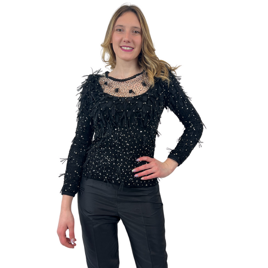 N.N. Casacca in maglia di seta nera con cristalli piume e paillettes