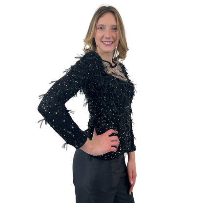N.N. Casacca in maglia di seta nera con cristalli piume e paillettes