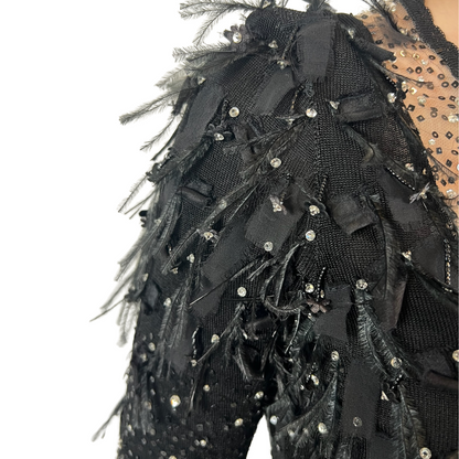 N.N. Casacca in maglia di seta nera con cristalli piume e paillettes