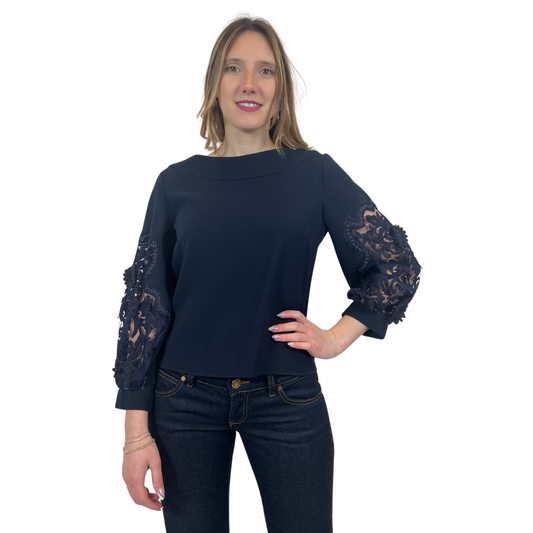 OSCAR DE LA RENTA Casacca blu con inserto pizzo e fiori