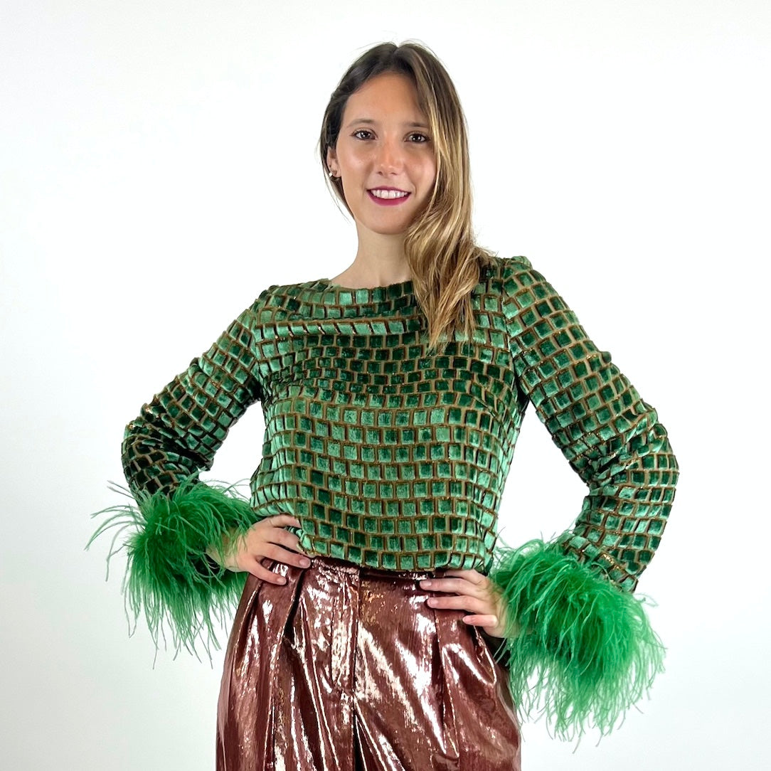 PAROSH Casacca in velluto verde con piume 