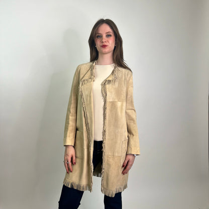 PAROSH Spolverino in scamosciato con frange beige 