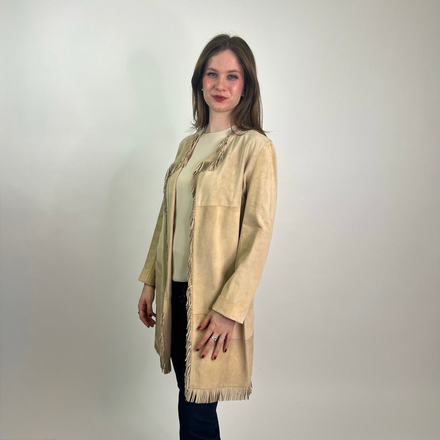 PAROSH Spolverino in scamosciato con frange beige 