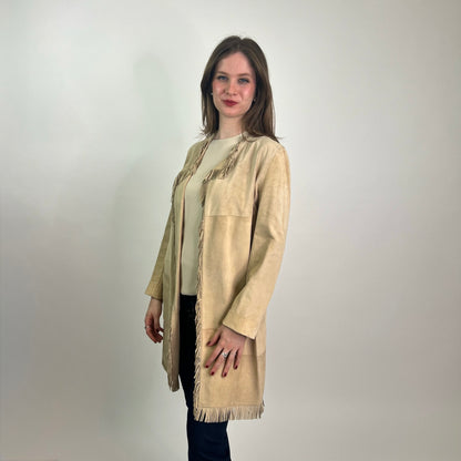 PAROSH Spolverino in scamosciato con frange beige 
