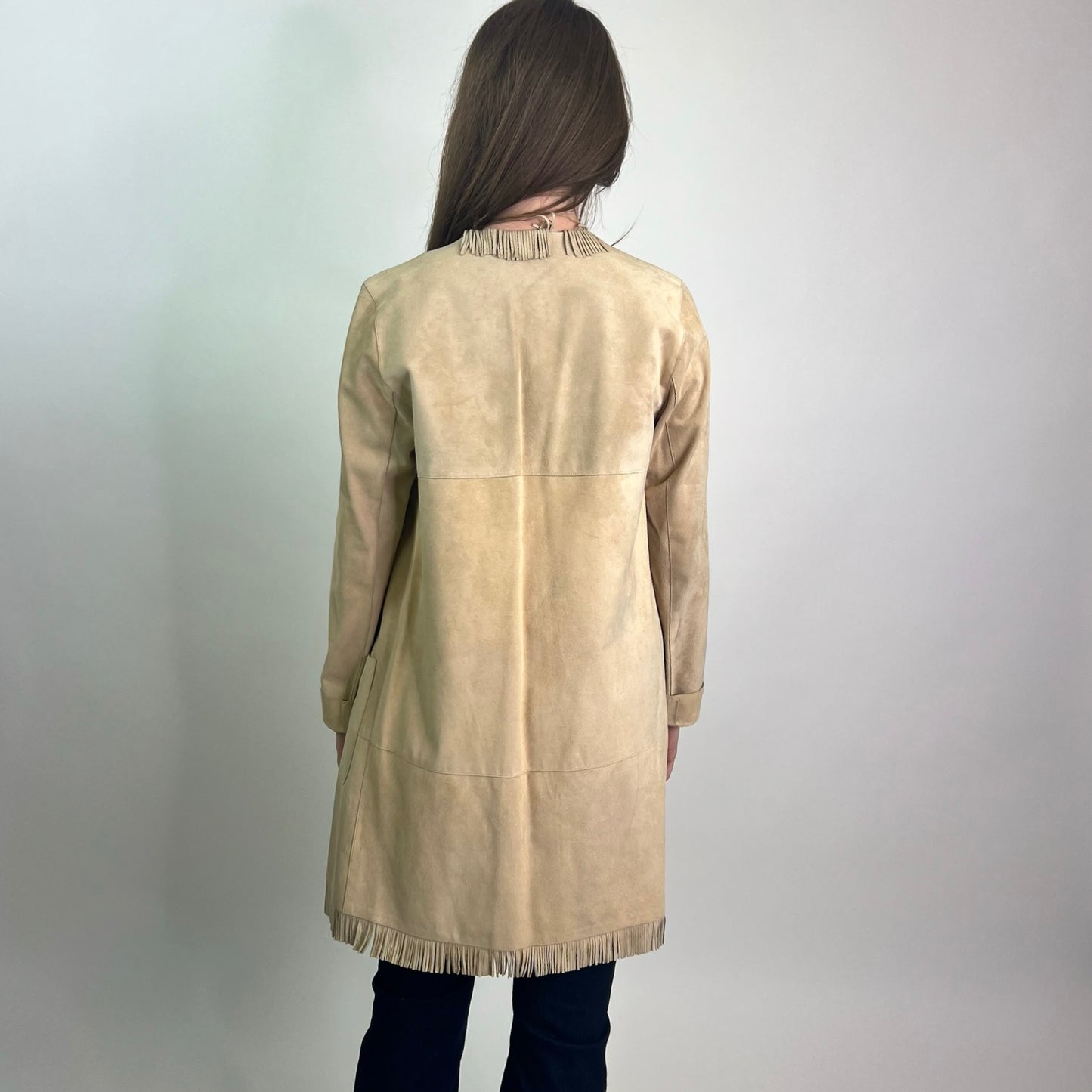 PAROSH Spolverino in scamosciato con frange beige 