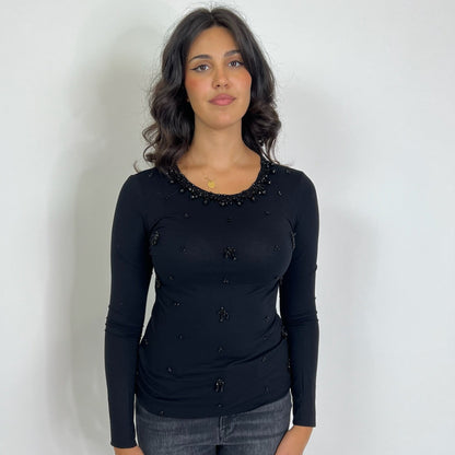 PAROSH T-shirt in jersey nero ricamata da perline nere