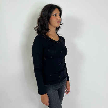 PAROSH T-shirt in jersey nero ricamata da perline nere