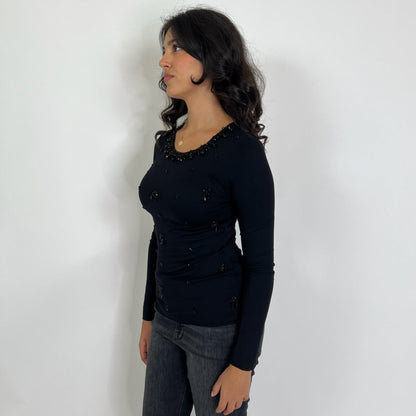 PAROSH T-shirt in jersey nero ricamata da perline nere