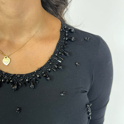 PAROSH T-shirt in jersey nero ricamata da perline nere