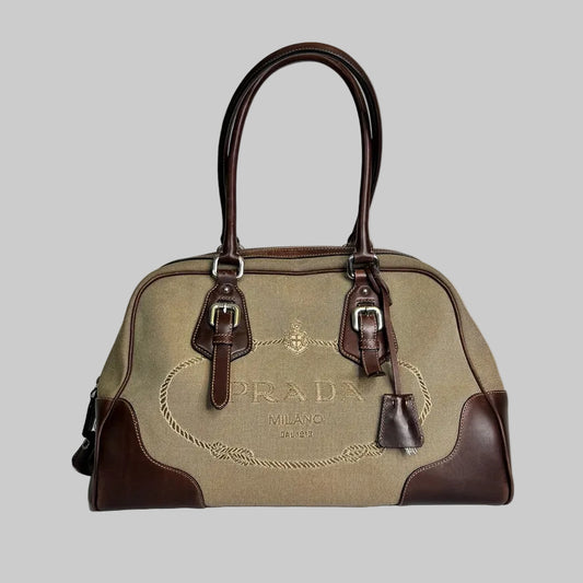 PRADA Borsa in tessuto jacard e pelle marrone