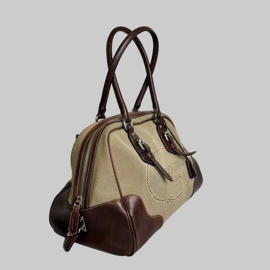 PRADA Borsa in tessuto jacard e pelle marrone