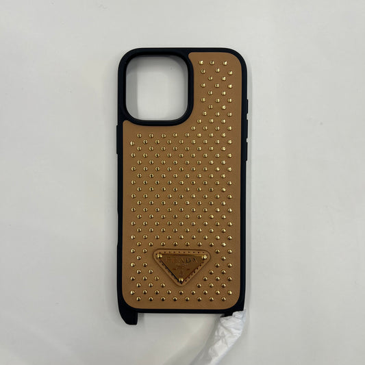 PRADA Cover in pelle color biscotto Iphone 16 pro max