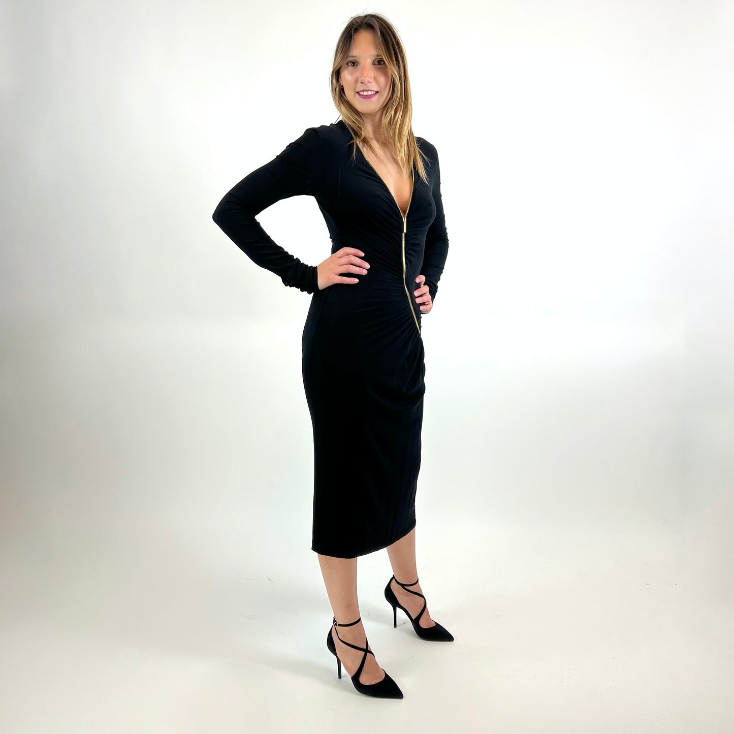 ROBERTO CAVALLI Abito longuette nero con dettaglio zip oro