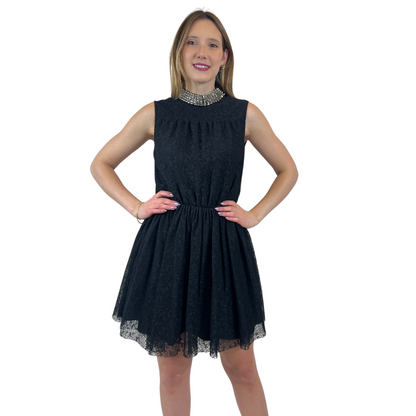 SAINT LAURENT Abito nero in pizzo con borchie