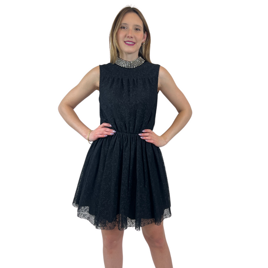 SAINT LAURENT Abito nero in pizzo con borchie