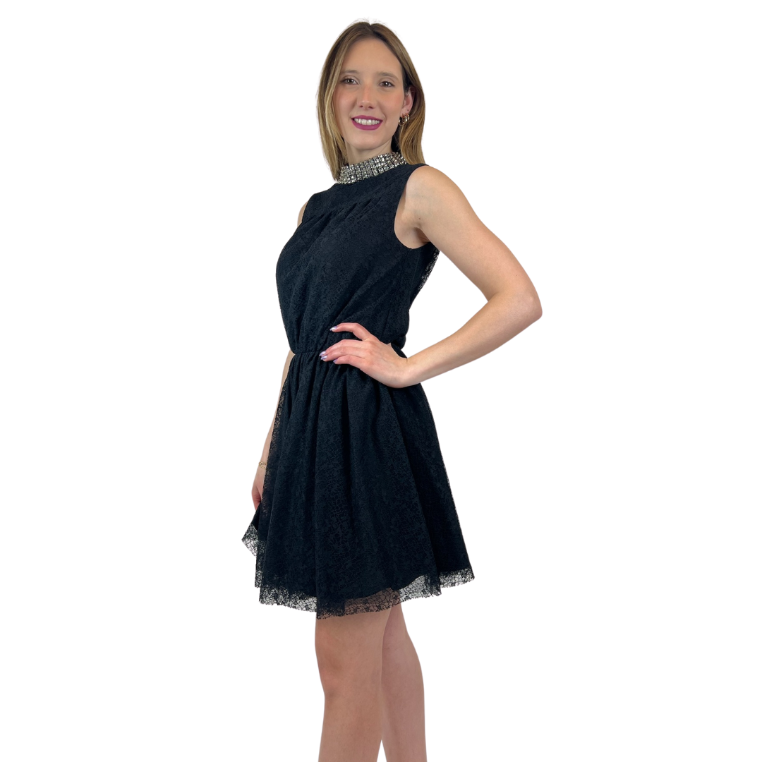 SAINT LAURENT Abito nero in pizzo con borchie
