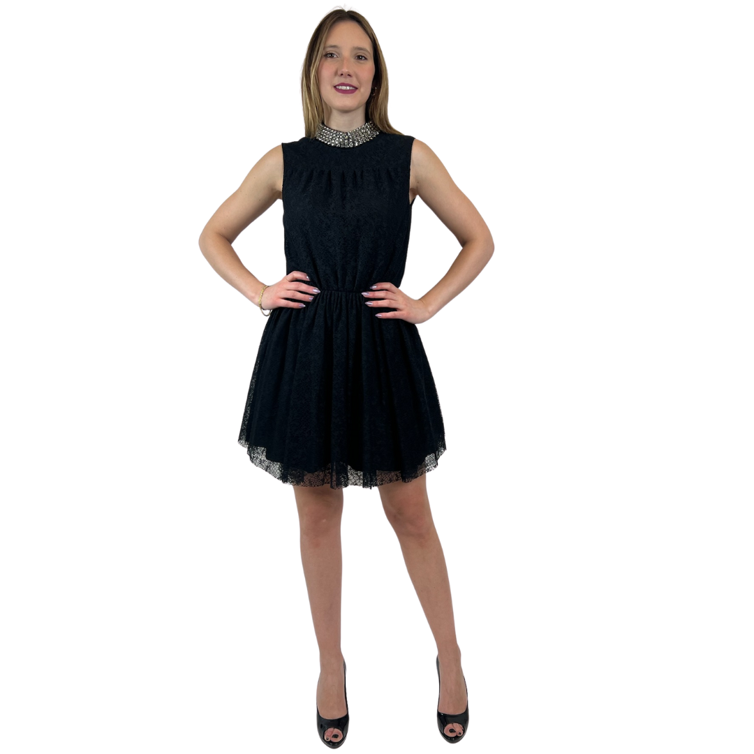 SAINT LAURENT Abito nero in pizzo con borchie