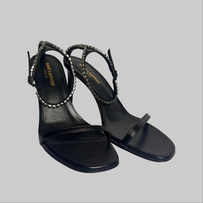 SAINT LAURENT Scarpa sandalo in pelle nera con cinturino caviglia in cristalli