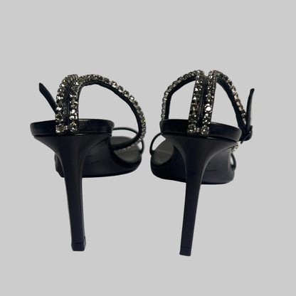 SAINT LAURENT Scarpa sandalo in pelle nera con cinturino caviglia in cristalli