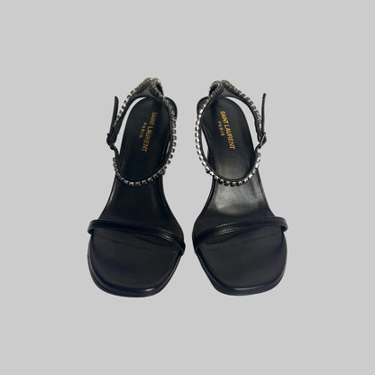 SAINT LAURENT Scarpa sandalo in pelle nera con cinturino caviglia in cristalli