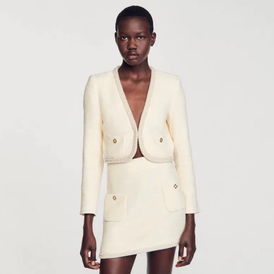 SANDRO Completo bouclé panna con perle 