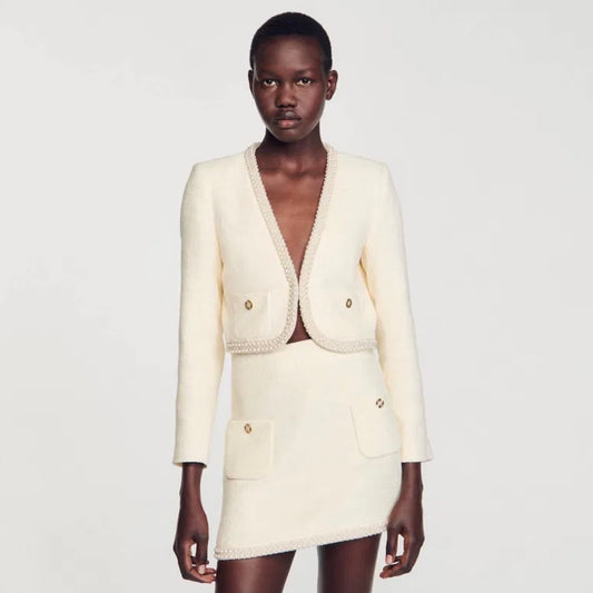 SANDRO Completo bouclé panna con perle 