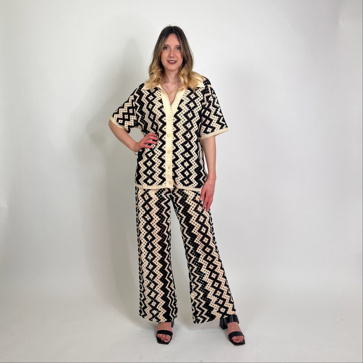 SANDRO Completo tricot nero e beige
