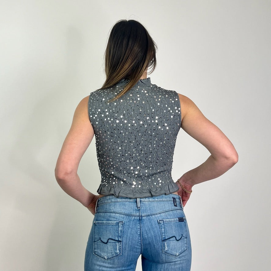 SANDRO Top drappeggiato grigio con paillettes argento