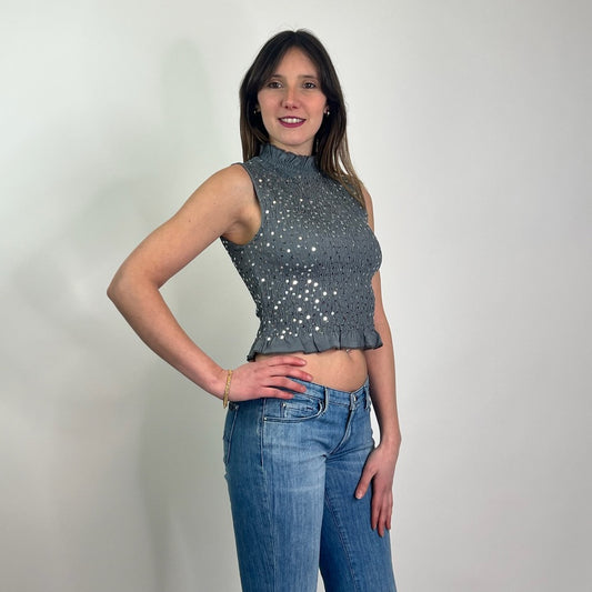 SANDRO Top drappeggiato grigio con paillettes argento