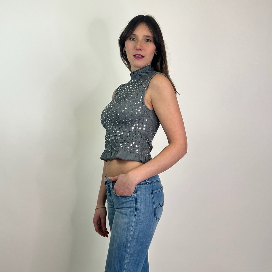 SANDRO Top drappeggiato grigio con paillettes argento