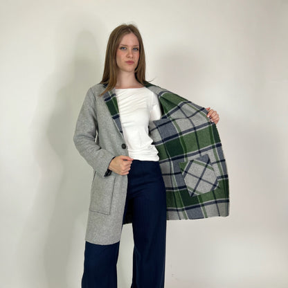 SCUDRERA Giacca cappotto in lana reversibile fondo grigio check verde/blu