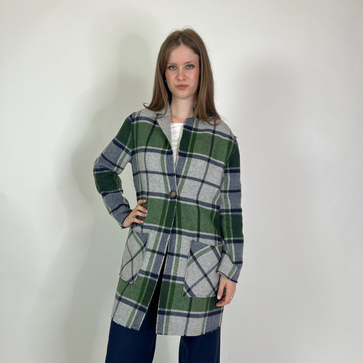 SCUDRERA Giacca cappotto in lana reversibile fondo grigio check verde/blu