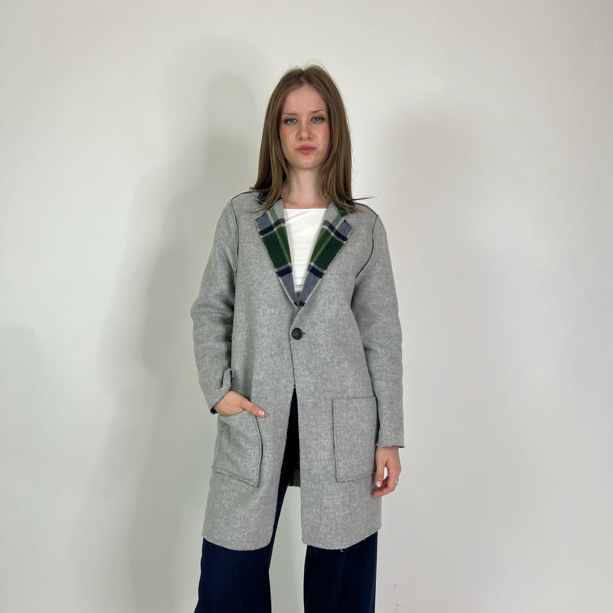 SCUDRERA Giacca cappotto in lana reversibile fondo grigio check verde/blu
