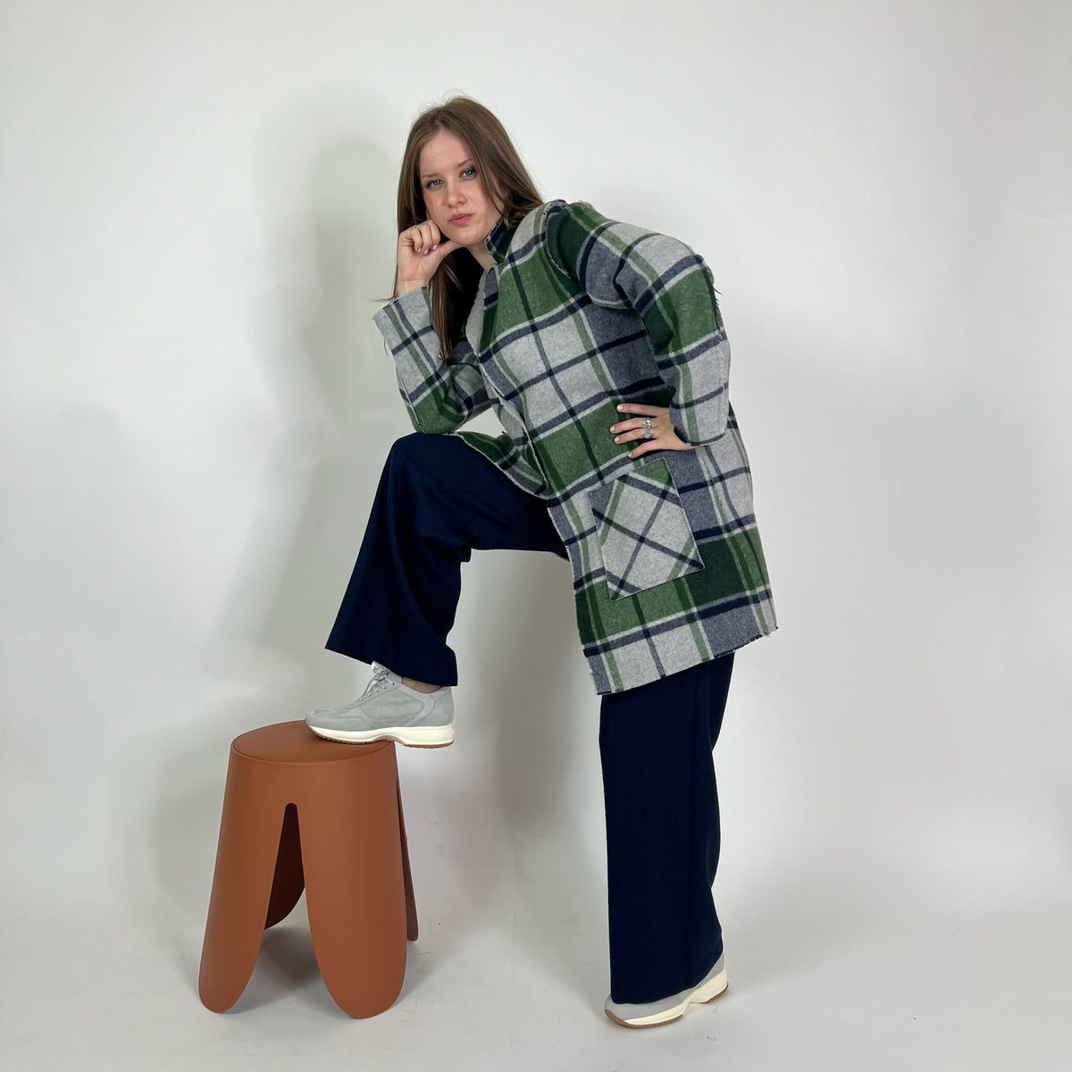 SCUDRERA Giacca cappotto in lana reversibile fondo grigio check verde/blu