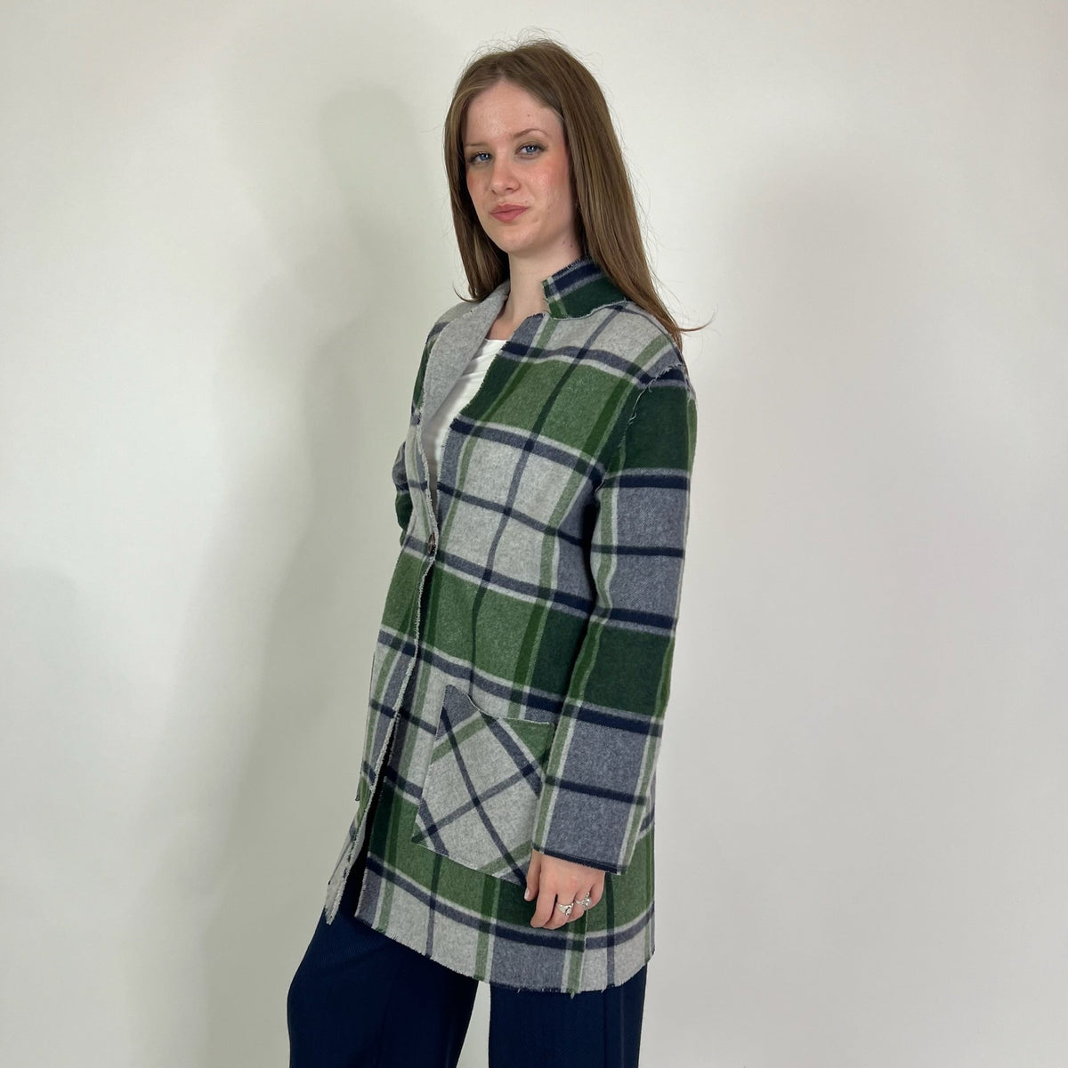 SCUDRERA Giacca cappotto in lana reversibile fondo grigio check verde/blu