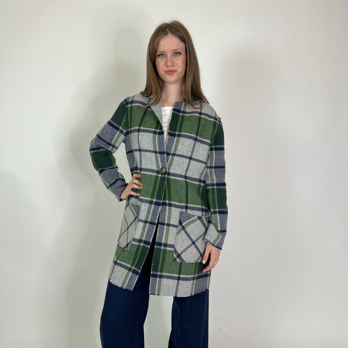 SCUDRERA Giacca cappotto in lana reversibile fondo grigio check verde/blu