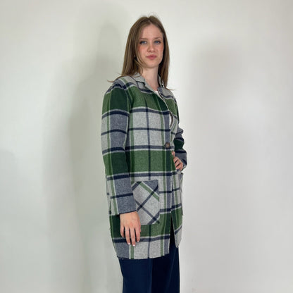 SCUDRERA Giacca cappotto in lana reversibile fondo grigio check verde/blu