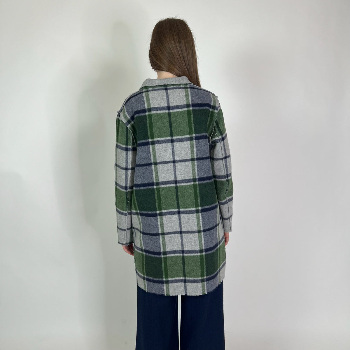SCUDRERA Giacca cappotto in lana reversibile fondo grigio check verde/blu