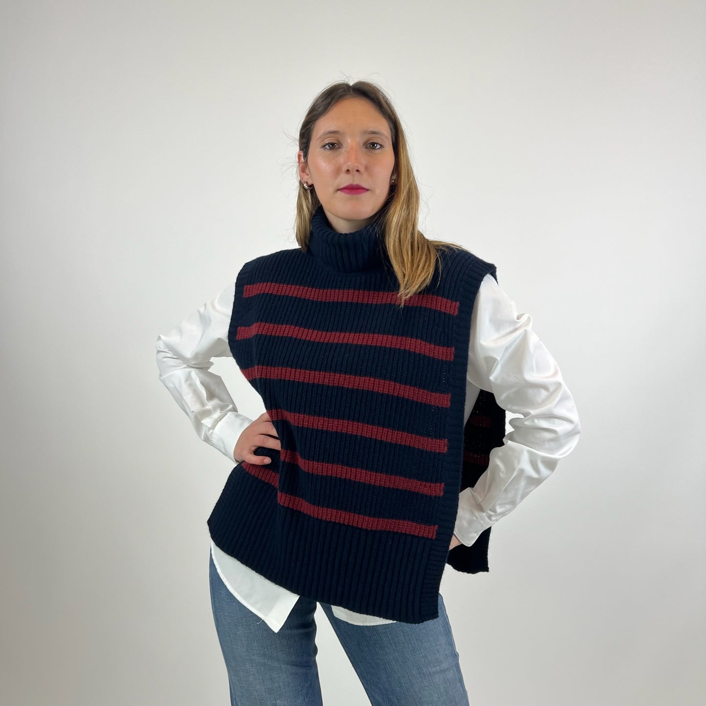 SISSIOTTOSTYLE Davantino in lana blu con righe bordeaux