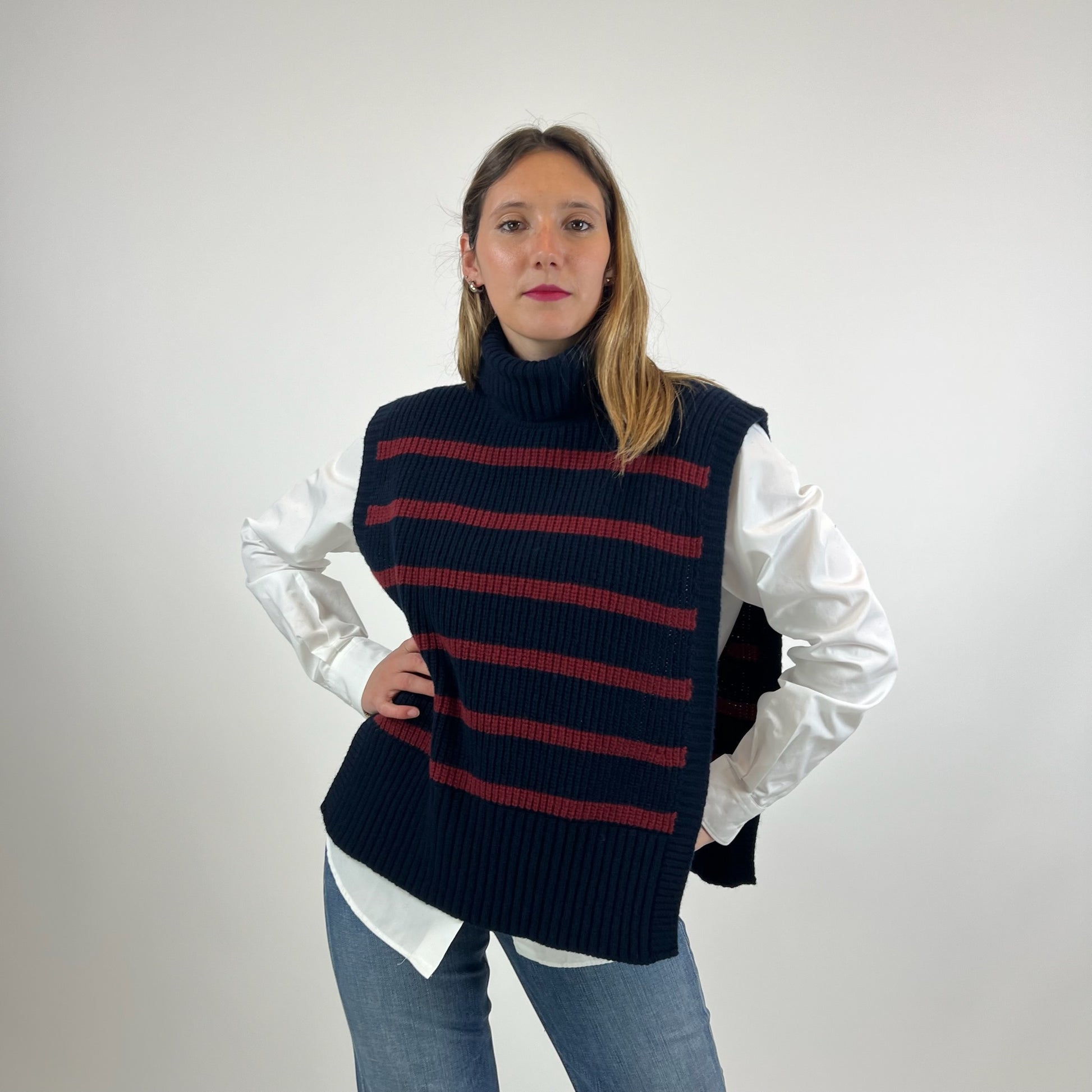 SISSIOTTOSTYLE Davantino in lana blu con righe bordeaux