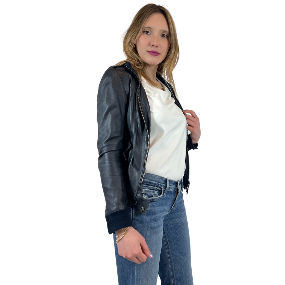 SWORD Giacca giubbino in pelle blu navy