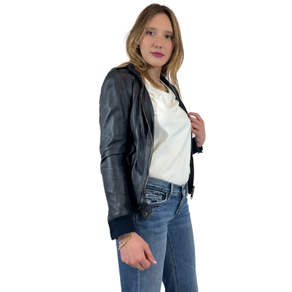 SWORD Giacca giubbino in pelle blu navy