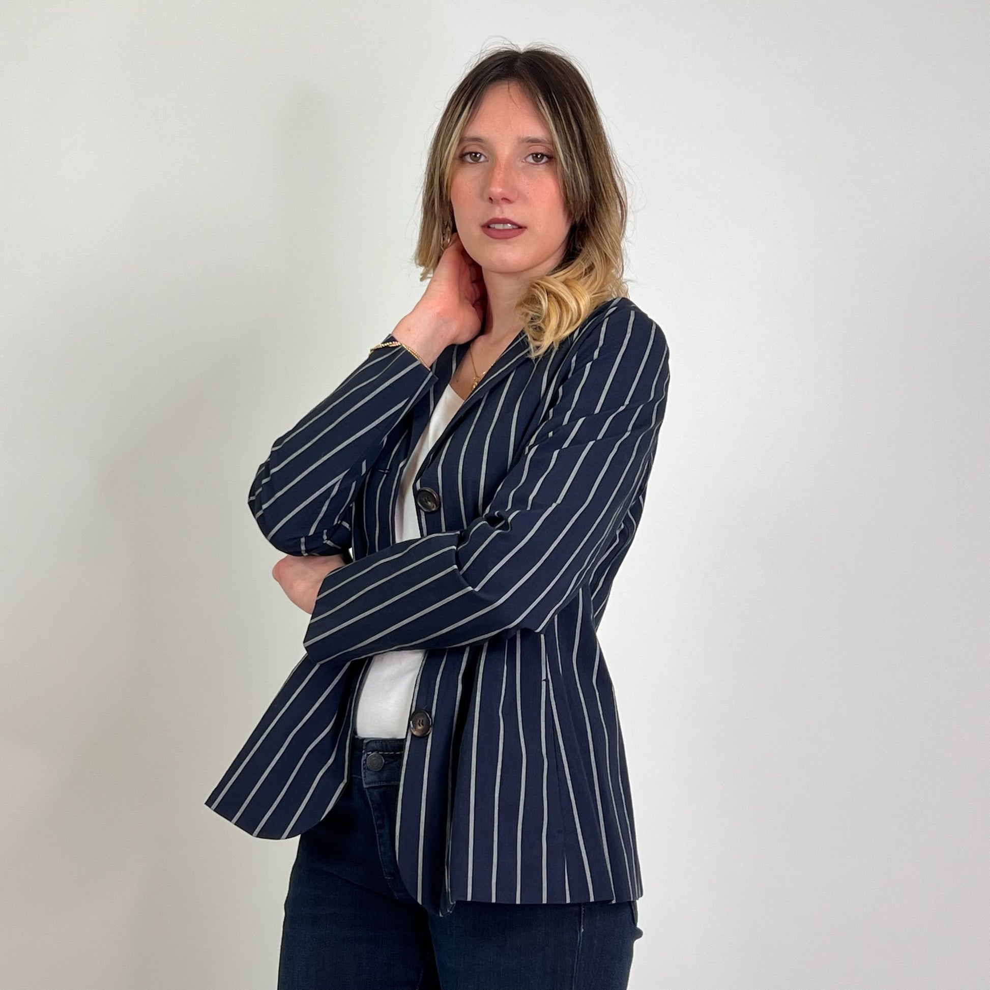 'S MAX MARA Giacca cotone blu gessata