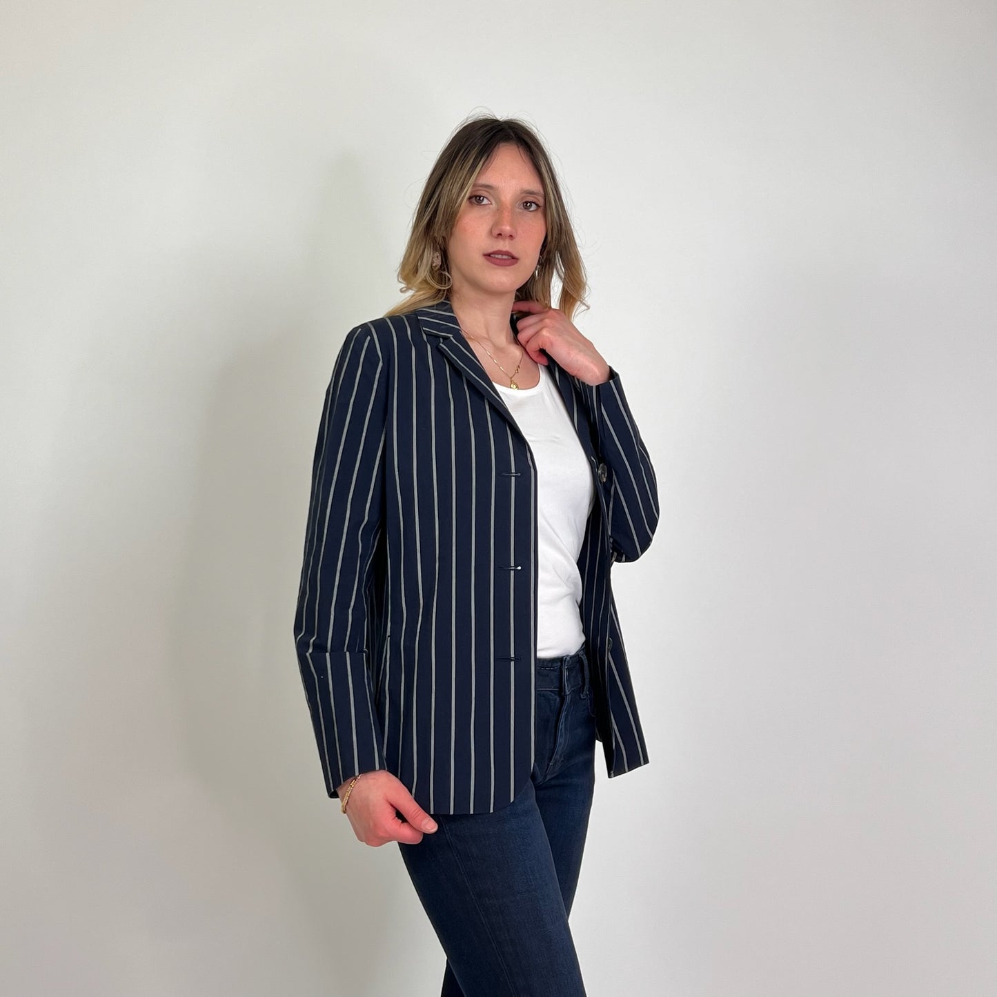'S MAX MARA Giacca cotone blu gessata