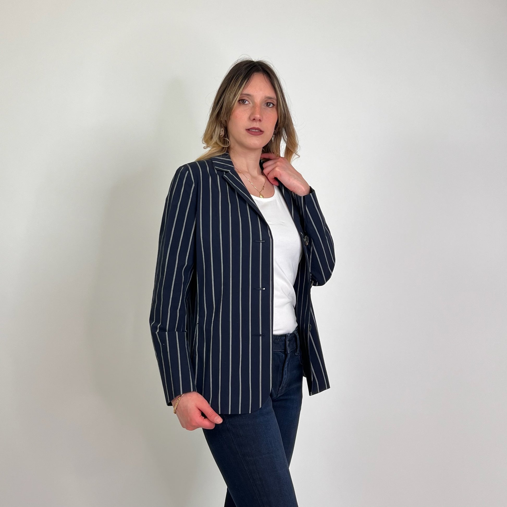 'S MAX MARA Giacca cotone blu gessata