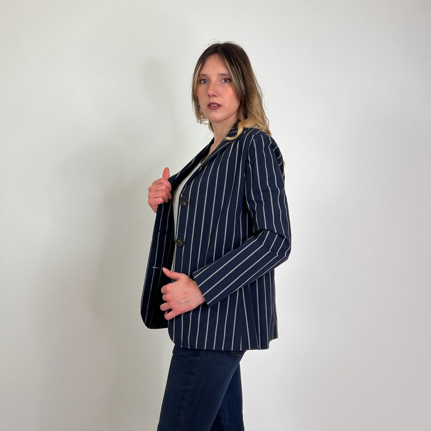 'S MAX MARA Giacca cotone blu gessata